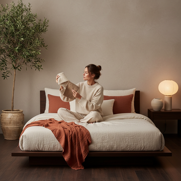 Neutral fabrics and textures for japandi decor displayed in a serene, minimalist composition with natural materials.