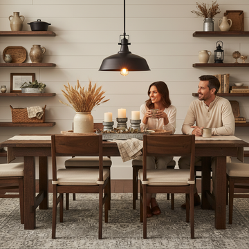 Warm farmhouse kitchen with layered lighting ideas for farmhouse spaces, pendant lamps glowing above a wooden island