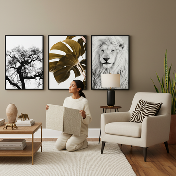 A serene living room demonstrating how rug size with large wall art creates visual harmony and balance.