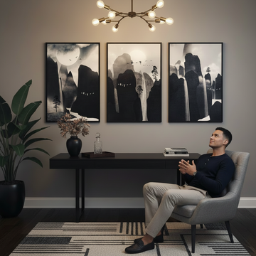 Modern apartment living room with carefully selected wall art for guys apartments and minimalist furnishings.