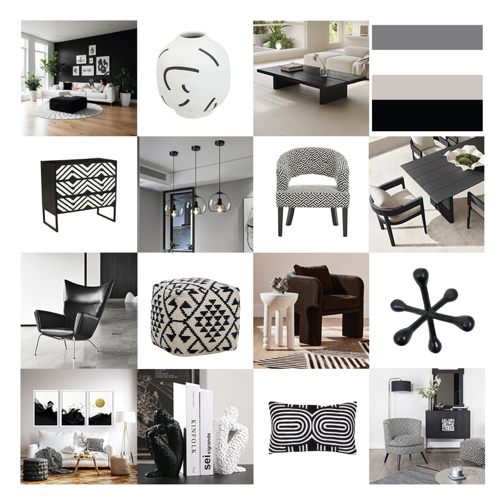 Black and white interior design with high contrast and graphic impact