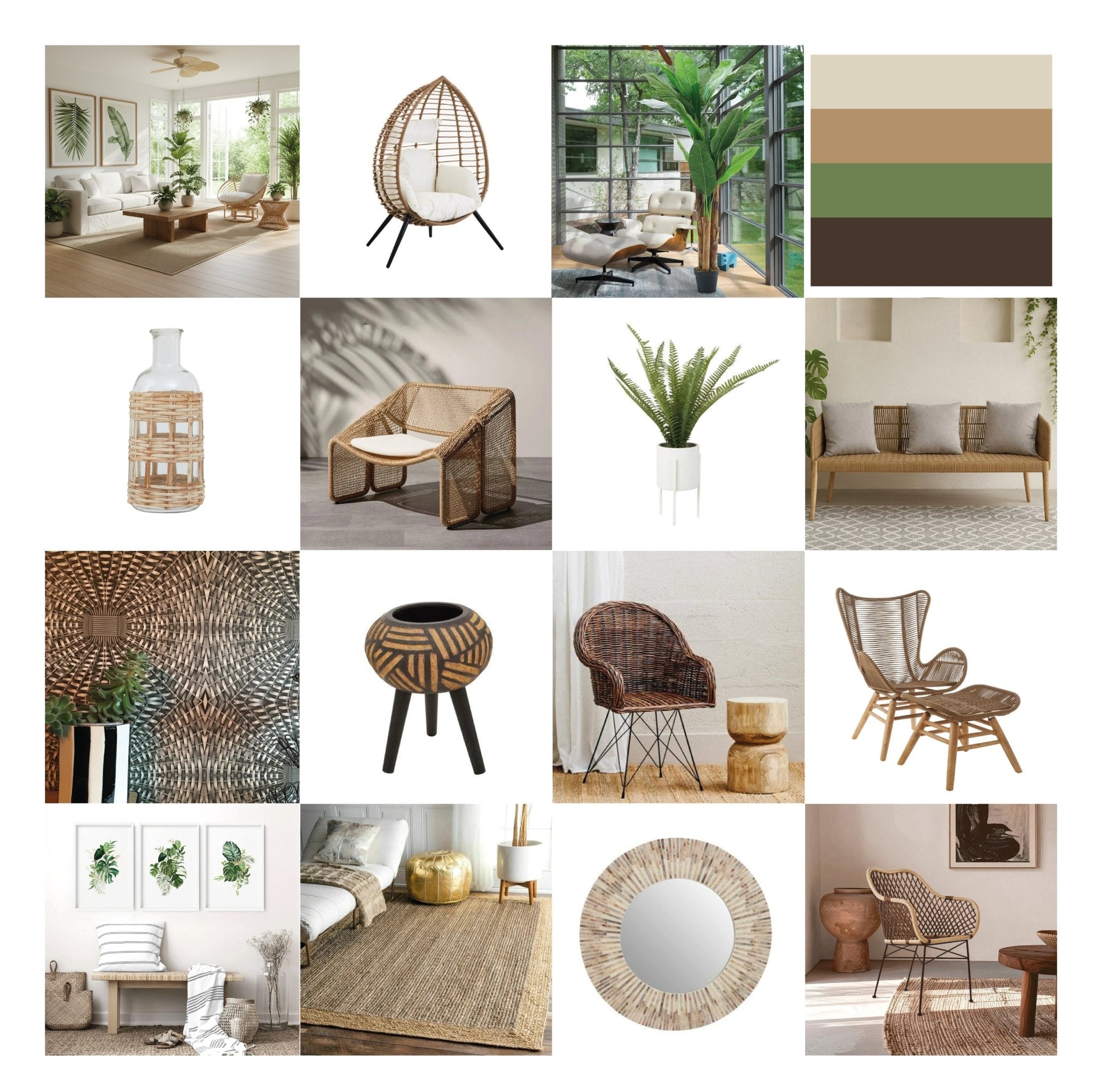 Tropical interior design with lush plants and island paradise aesthetic