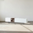 1. Acacia white TV stand in sunlight