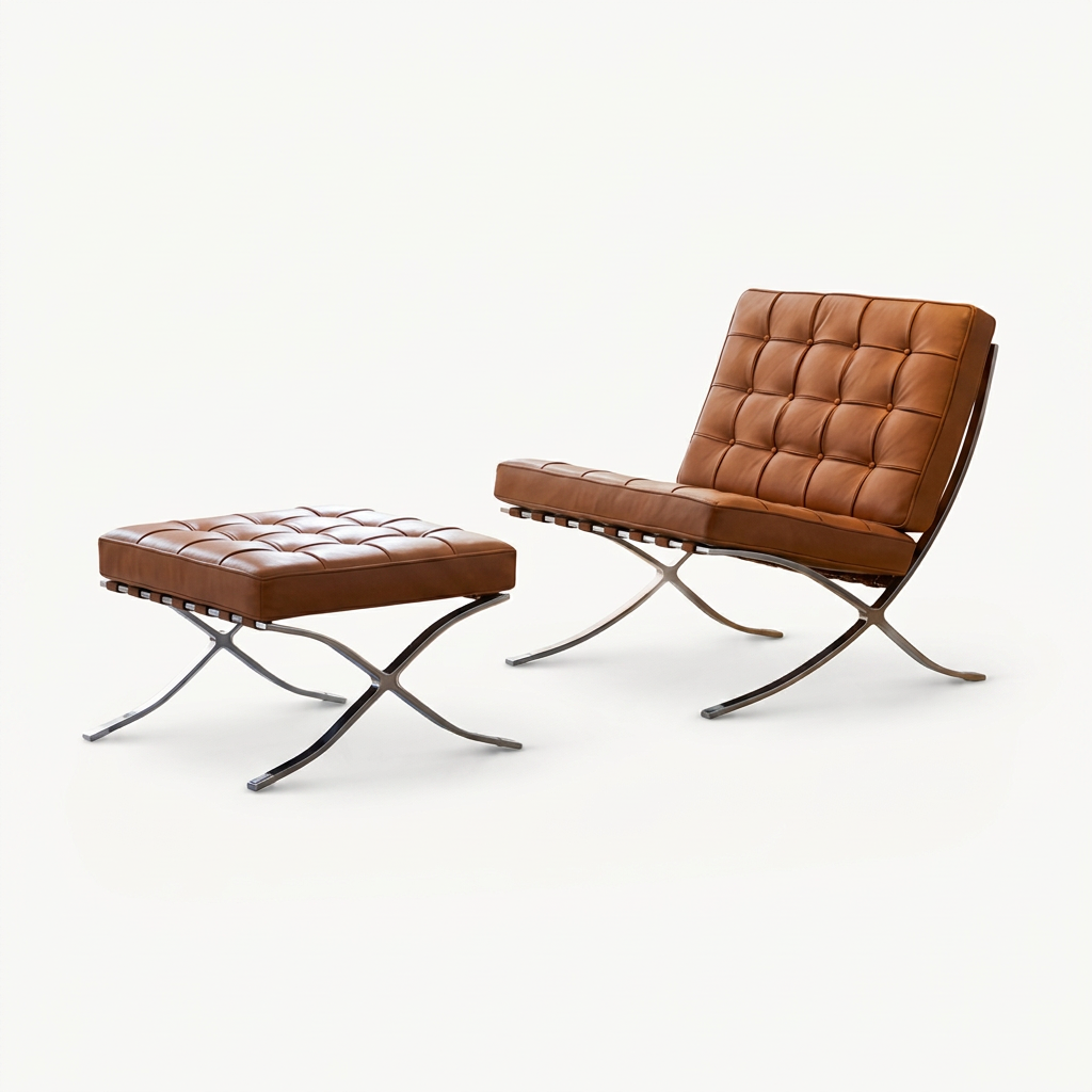 1. Barcelona brown leather chair and footstool on a white background