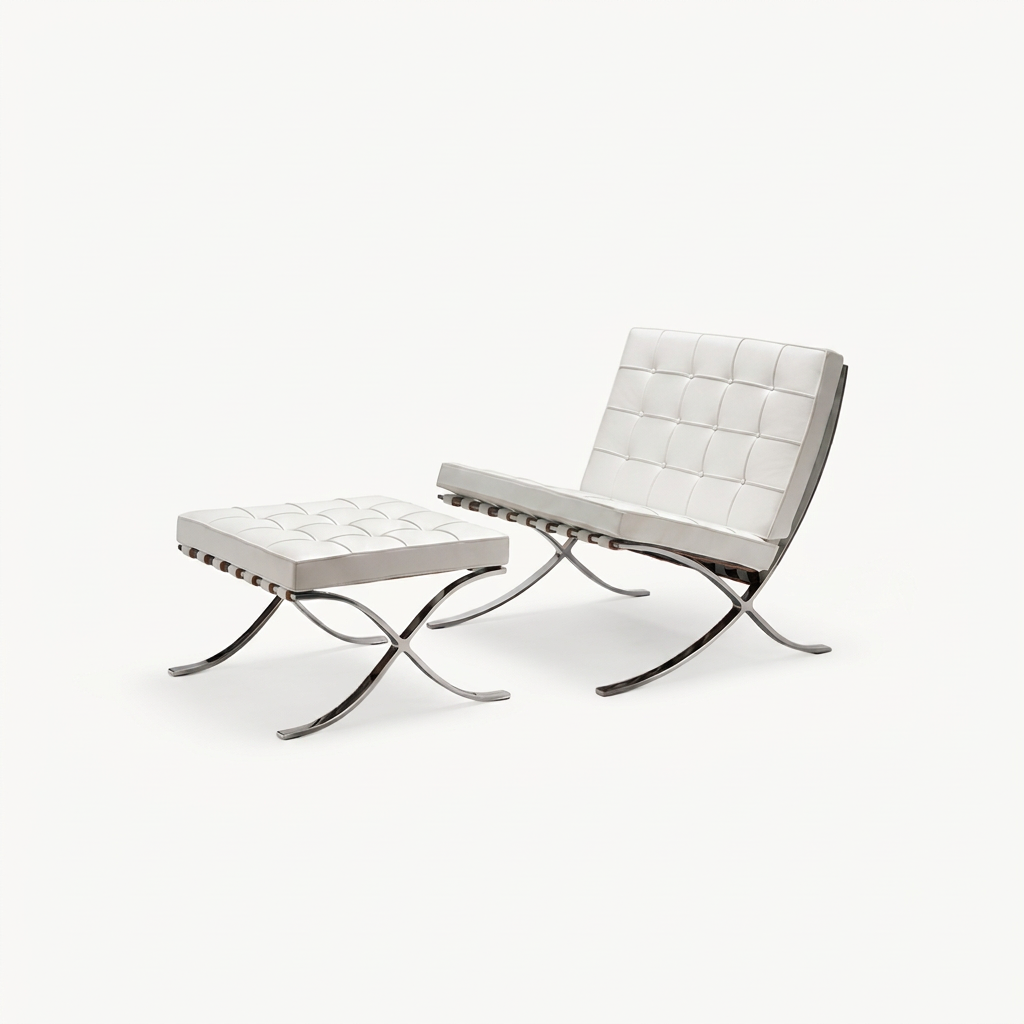 1. Barcelona white leather chair and footstool on a white background