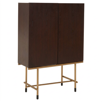 1. Delta walnut drinks cabinet with brass frame on a white background