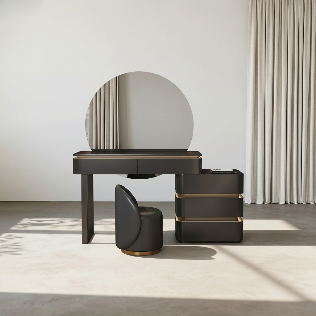 1. Grant black dressing table with mirror and matching stool