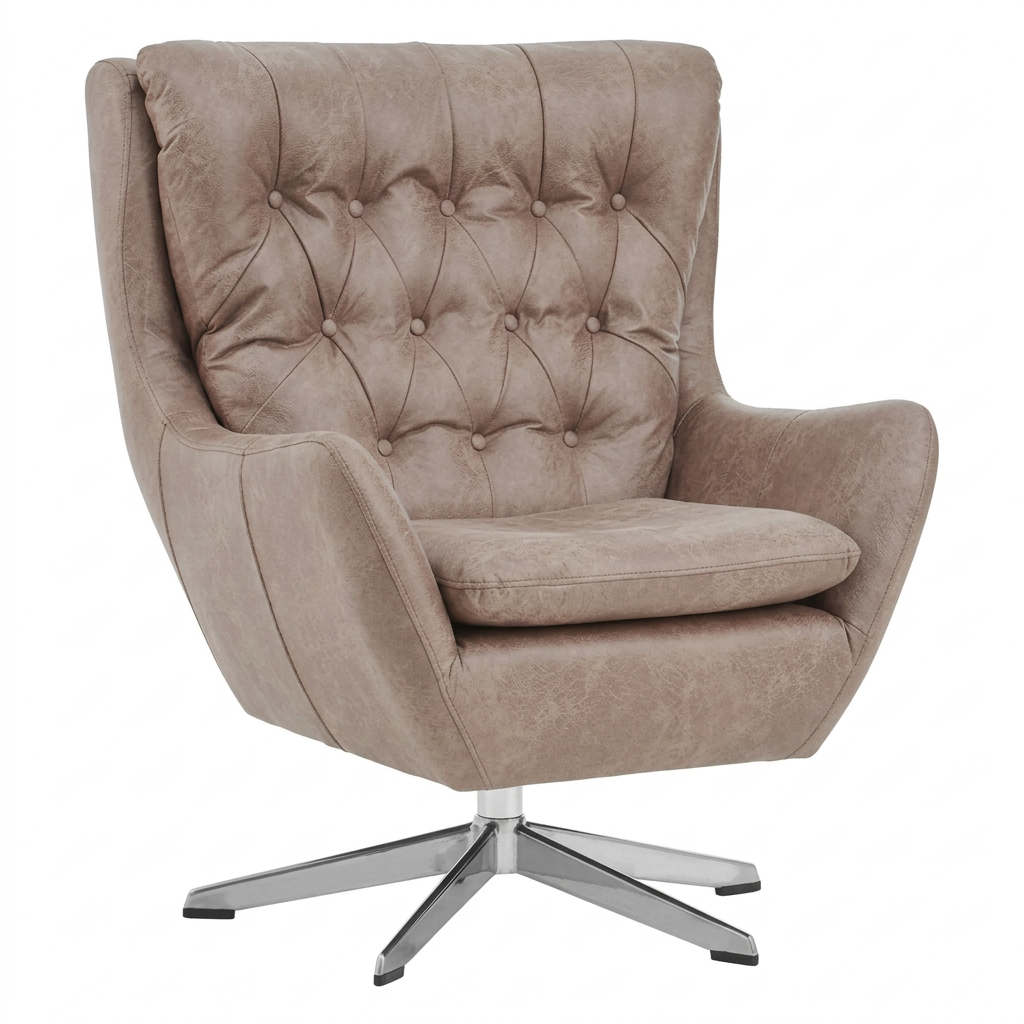 1. Harold taupe leather-effect button-tufted swivel chair on a white background