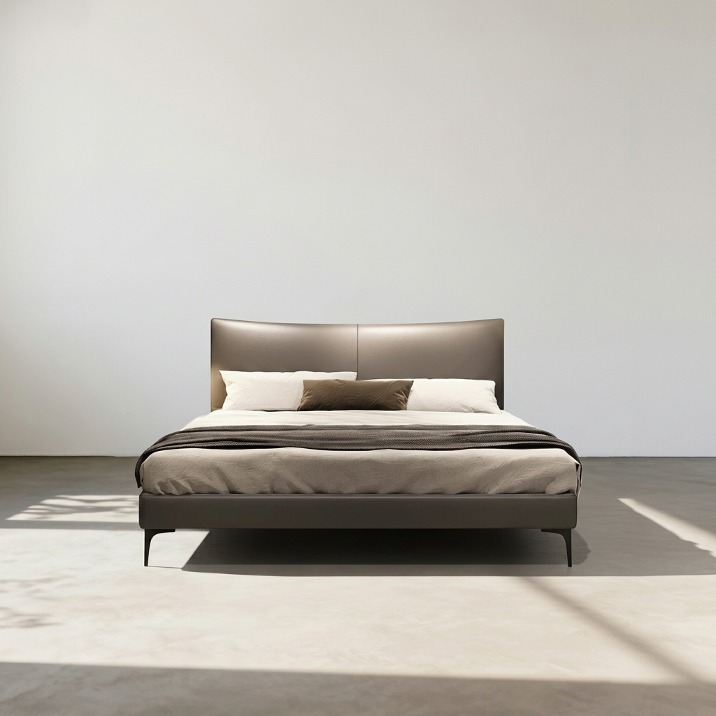 1. Viktor taupe bed in a sunlit setting
