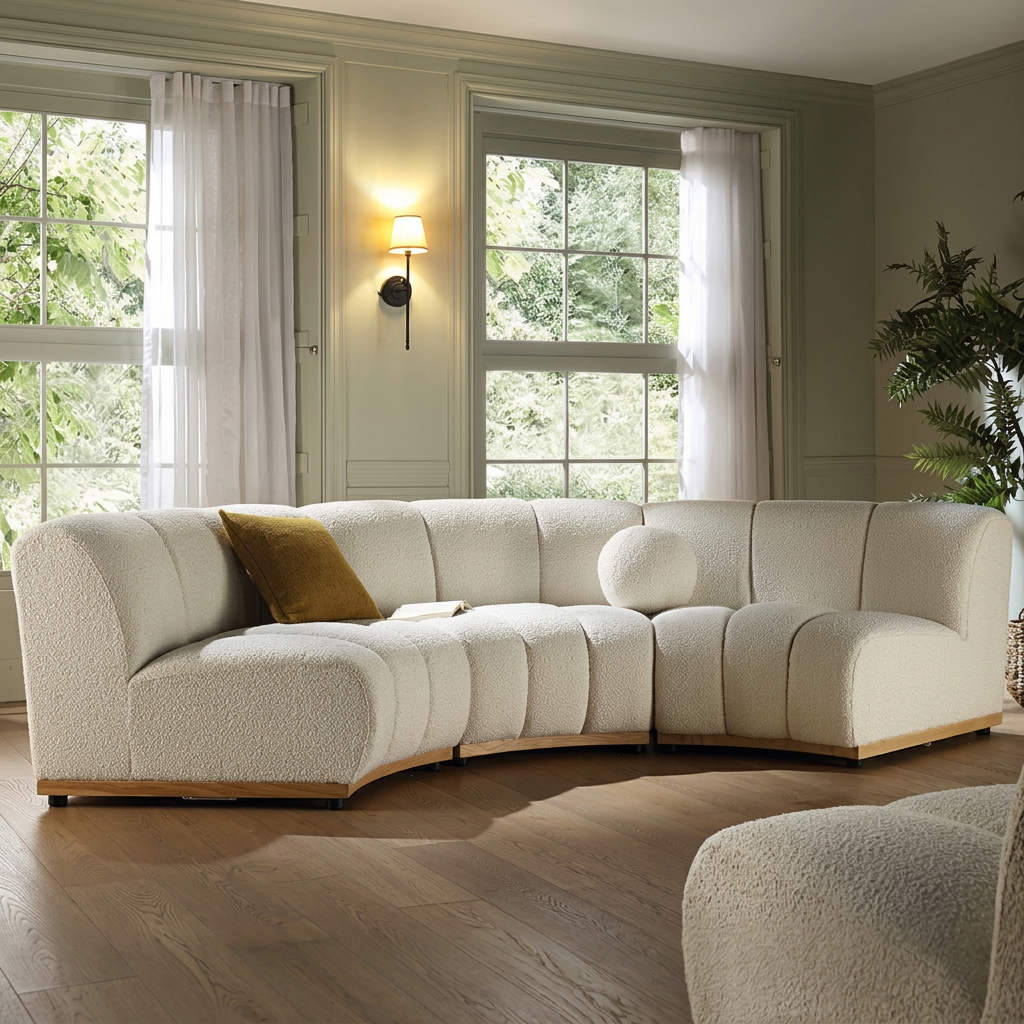 1. Zafar white bouclé modular sofa beside tall windows