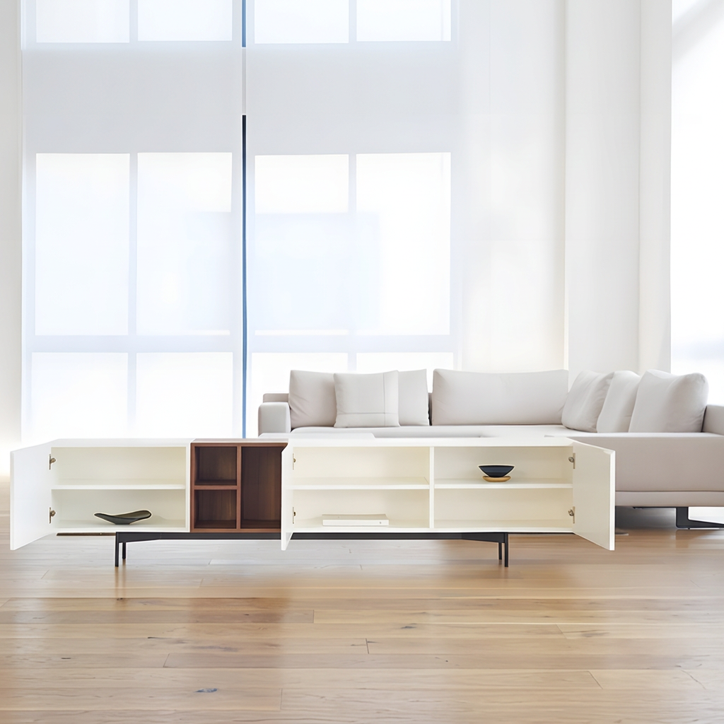 10. Acacia white TV stand with open doors