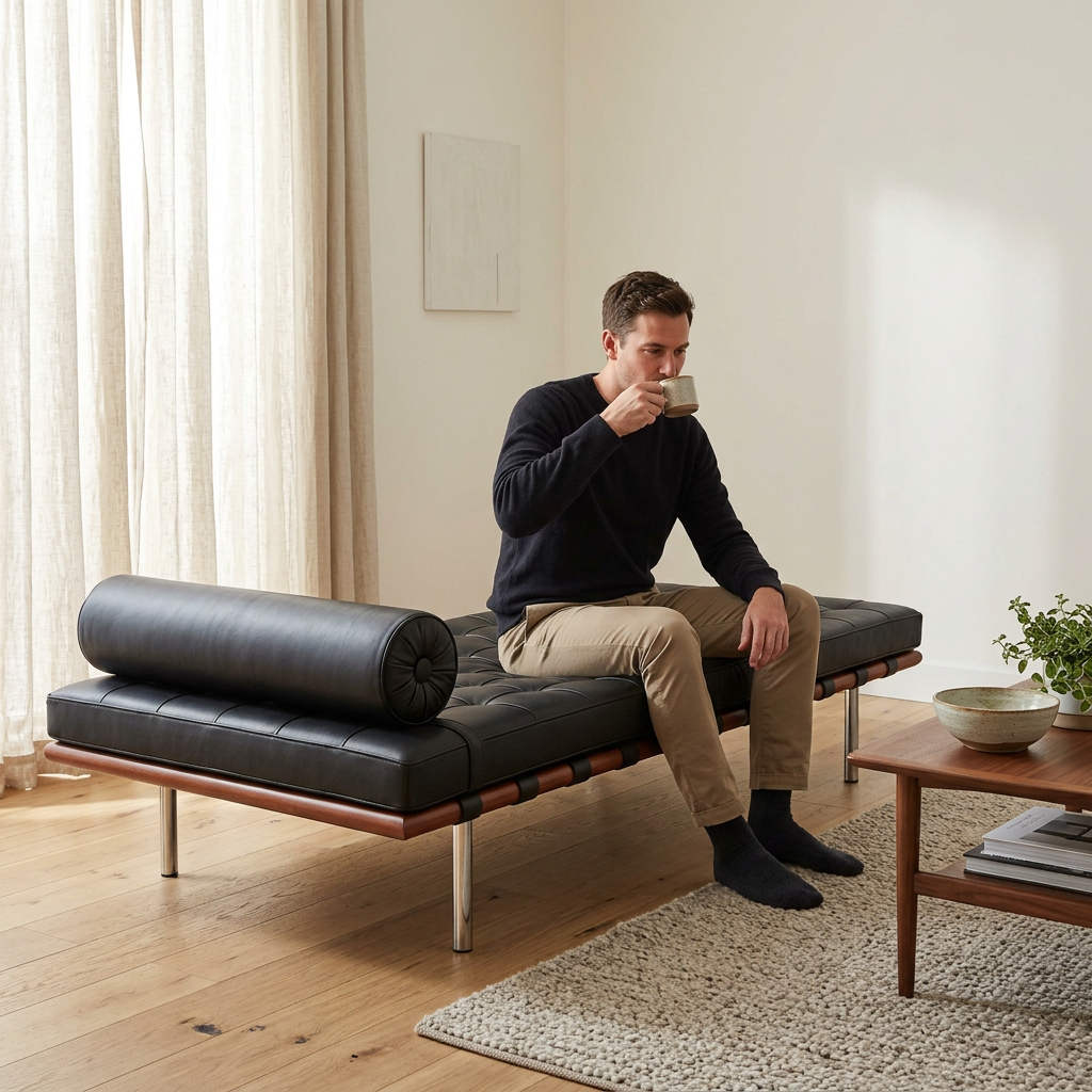10. Barcelona black leather daybed with a person seated and enjoying coffee