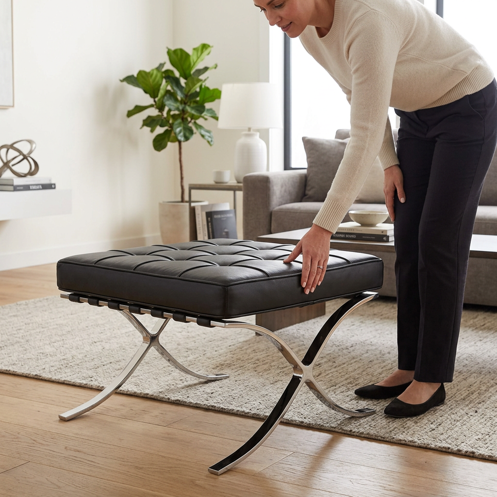 10. Barcelona black leather ottoman with a person standing beside it