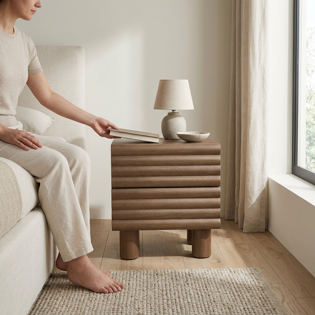 10. Clancy wooden bedside table with a person placing a book on top
