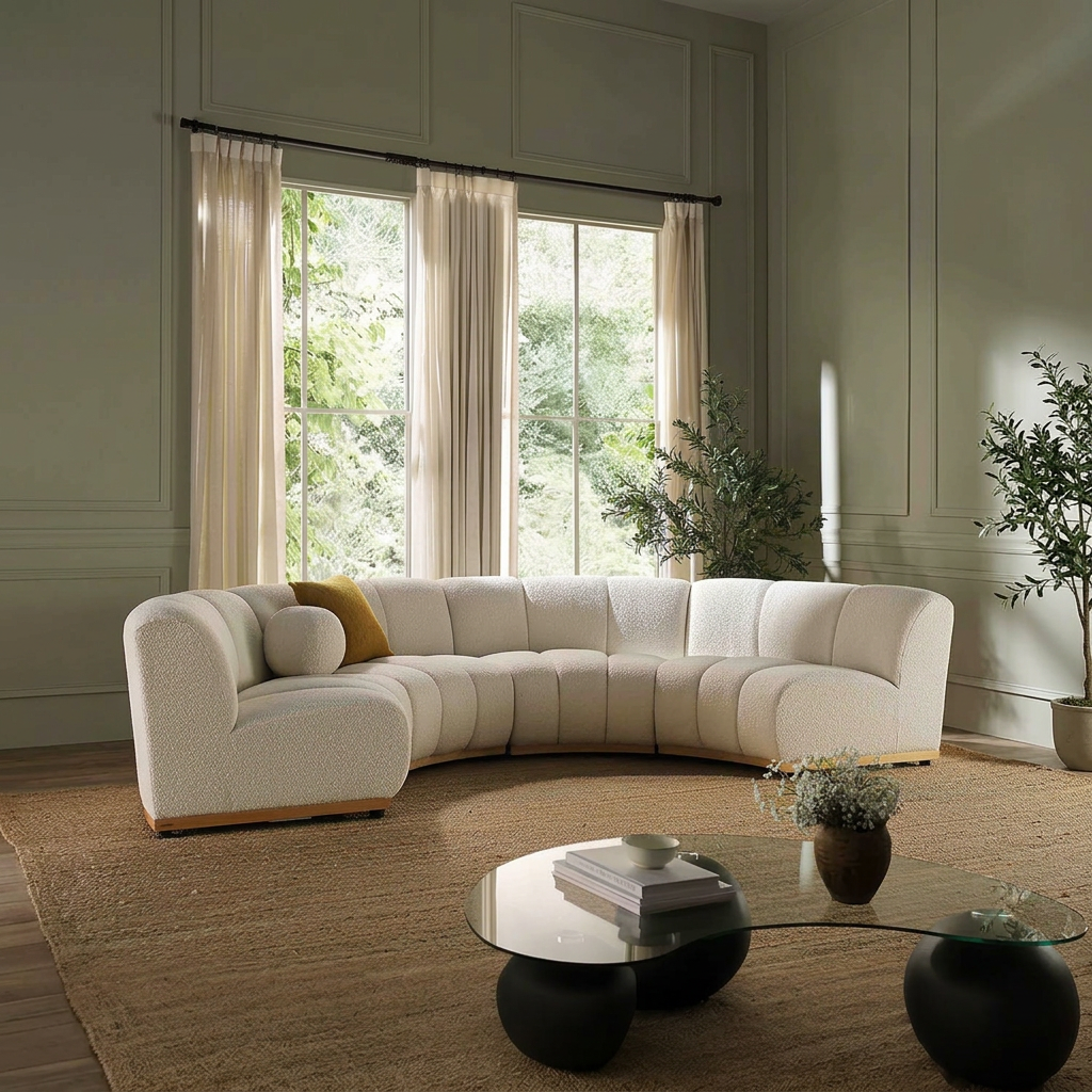 10. Zafar curved sofa viewed from the front in a styled room