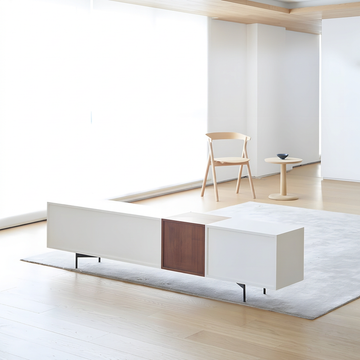 11. Acacia white TV stand viewed from the rear