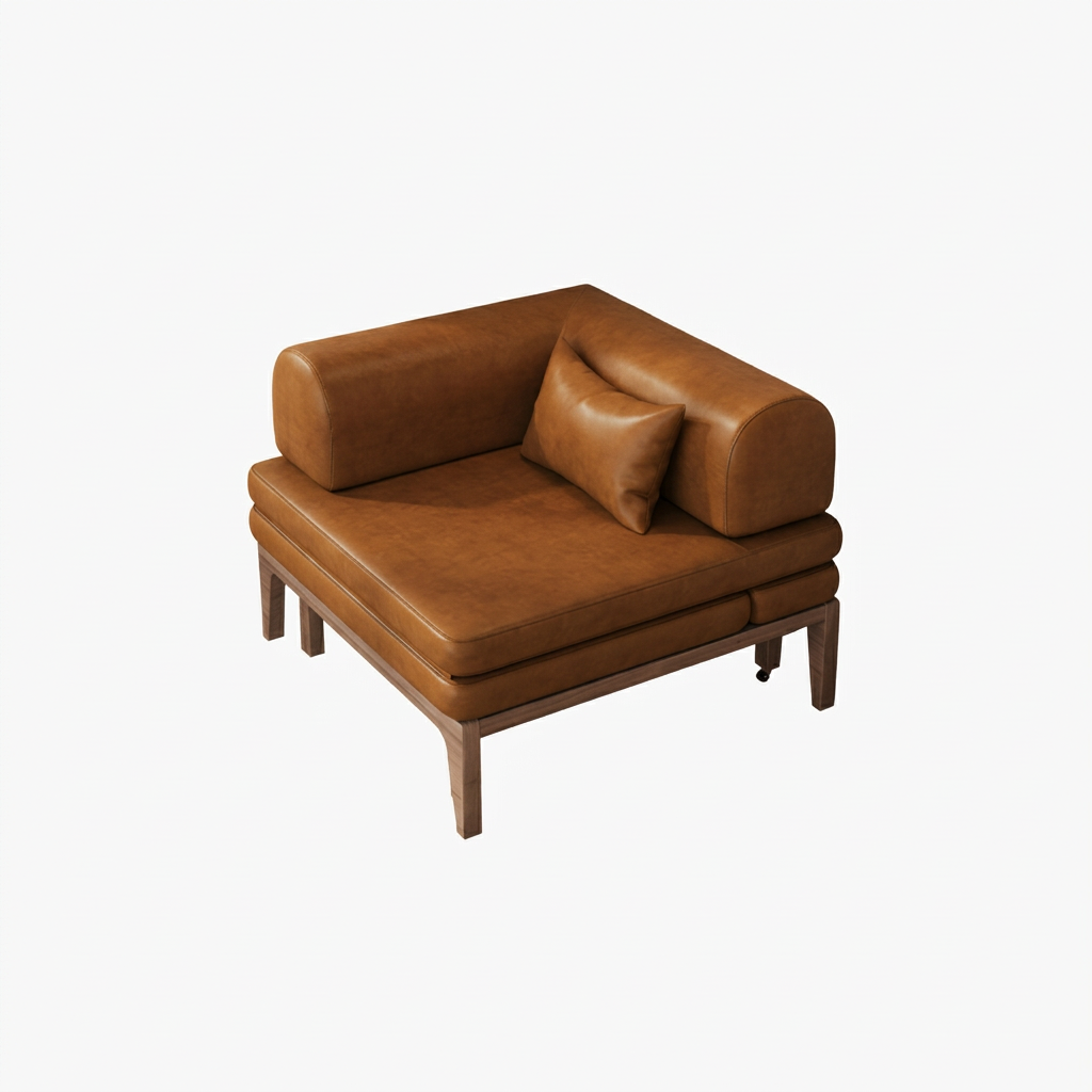 12. Ocampo brown leather corner sofa bed viewed at an angle on a white background