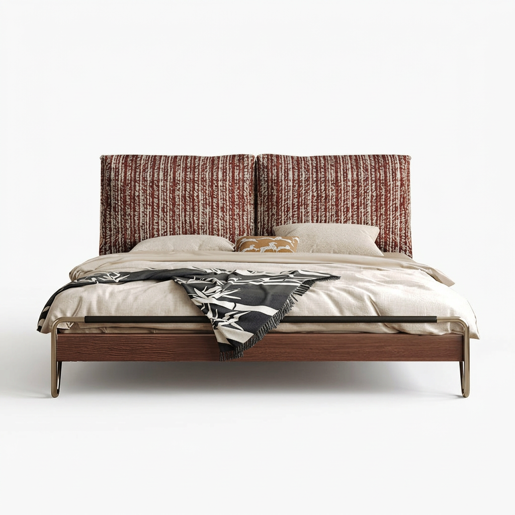 13. Arendt bed with patterned headboard on a white background