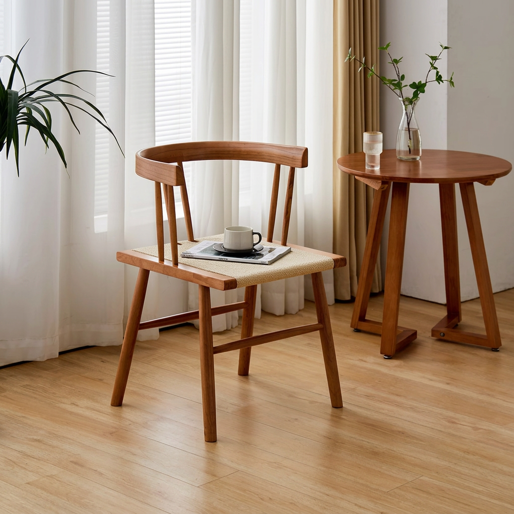 13. Eenoch natural wood dining chair beside a round table