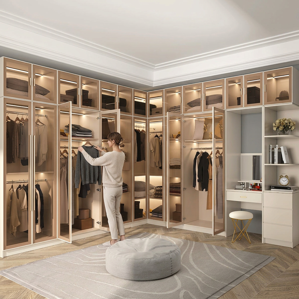 16. Varela corner wardrobe with a person arranging knitwear