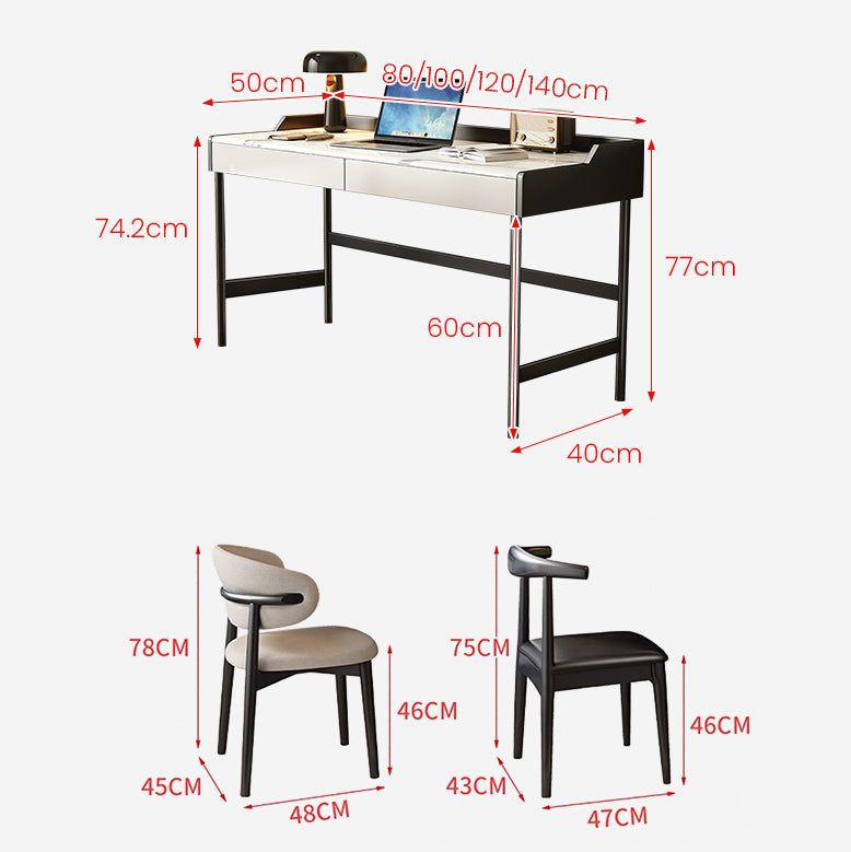 Dimensions of a desk and chairs on a white background