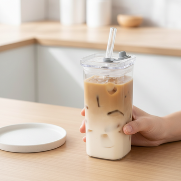 1Pcs Square Heat Resistant Coffee Glass Cup With Lid and Straw Transparent Milk Tea Juice Cups Coffee Mug For Home Bar Drinkware