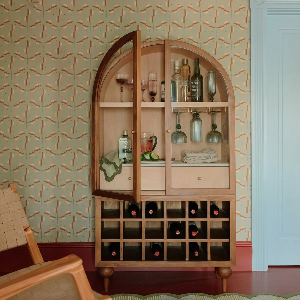 2. Akhtar Pahlavi natural wood wine cabinet with an open door