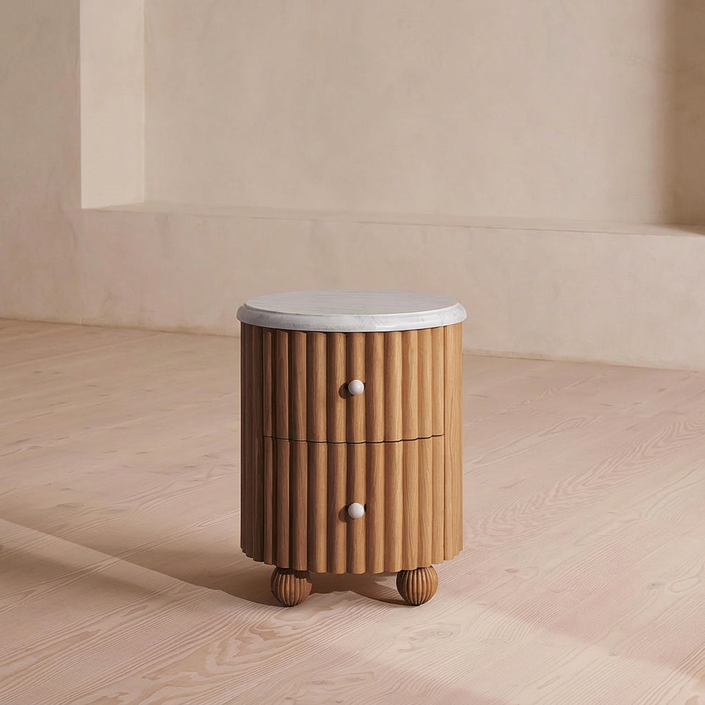 2. Ava Luxe white marble bedside table studio view