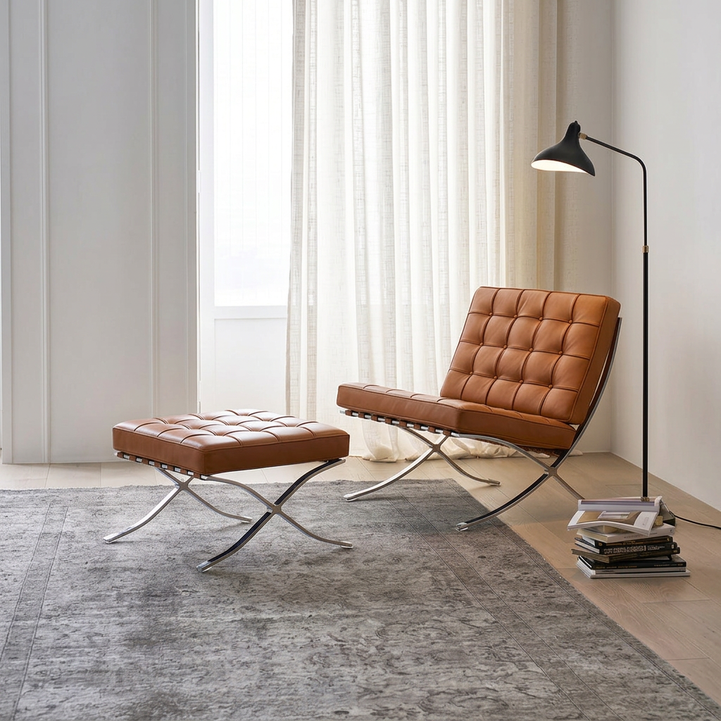 2. Barcelona brown leather chair and footstool beside a window