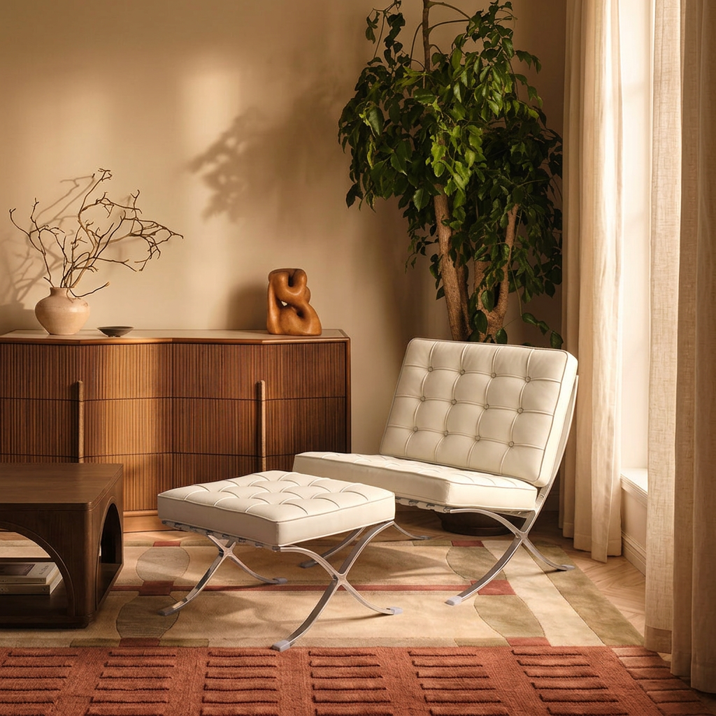 2. Barcelona white leather chair and footstool beside a window