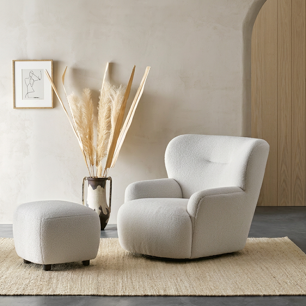 2. Carmen armchair and footstool beside a decorative vase