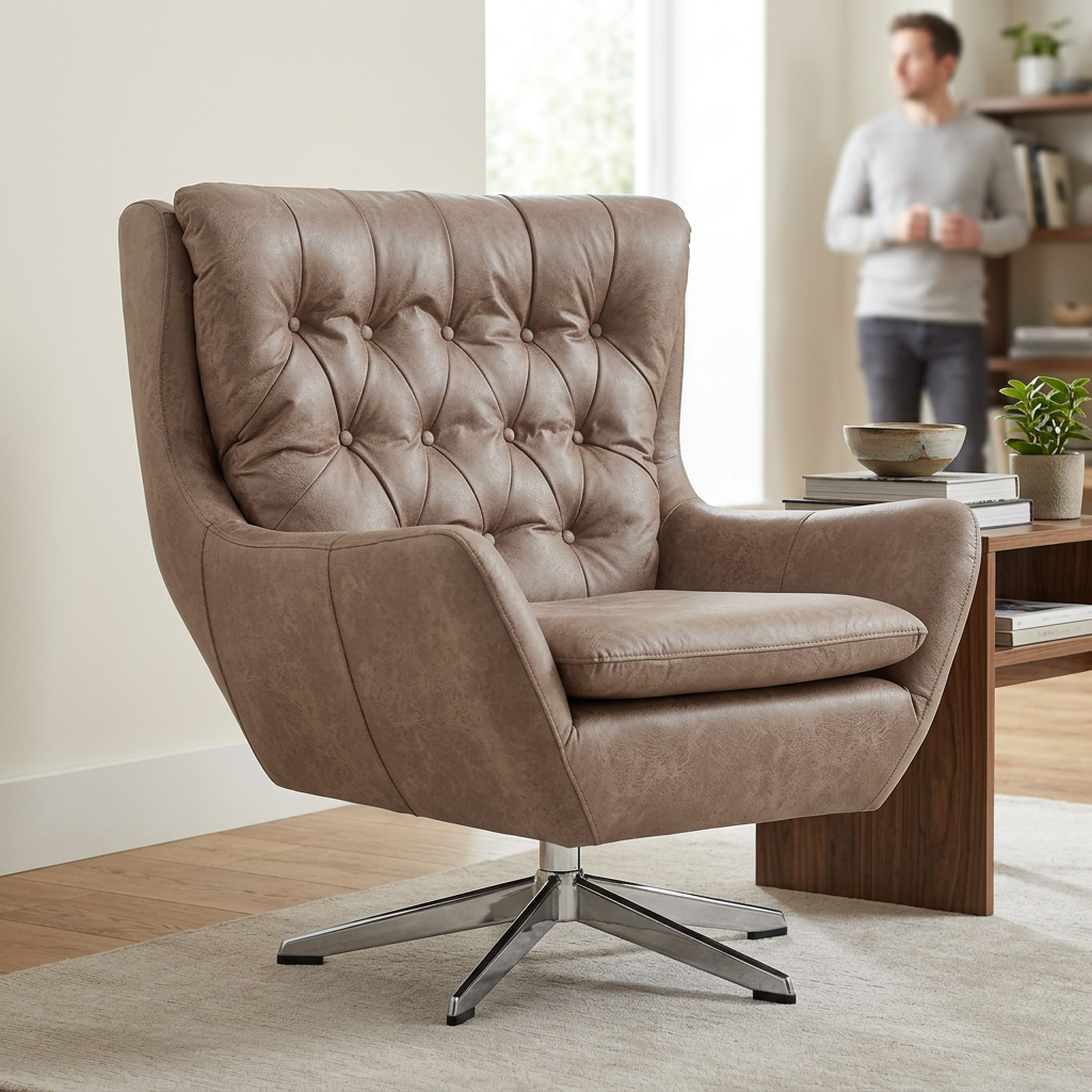 2. Harold taupe swivel chair in an ivory living room with a person in the background