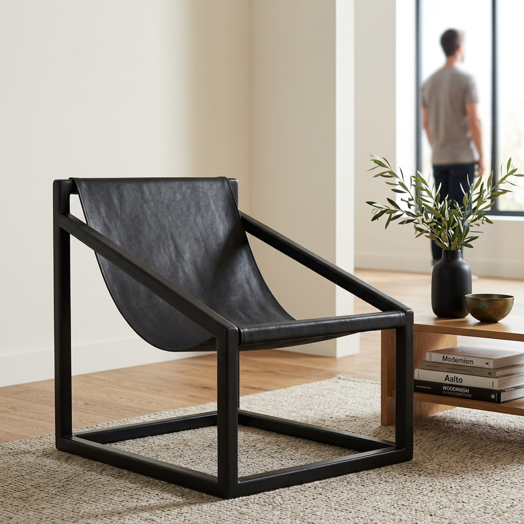 2. Kendari black leather sling chair in an ivory living room with a person in the background