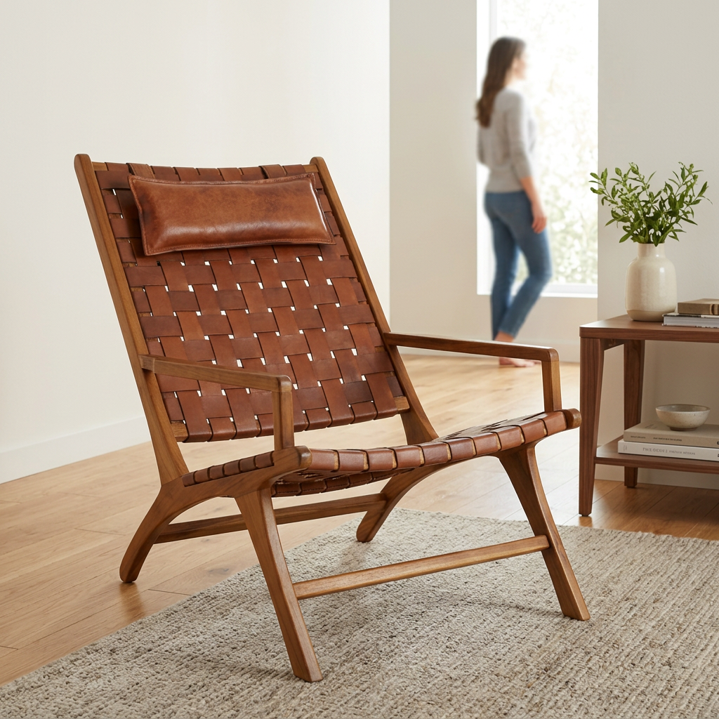 2. Kendari brown woven leather chair in an ivory living room with a person in the background