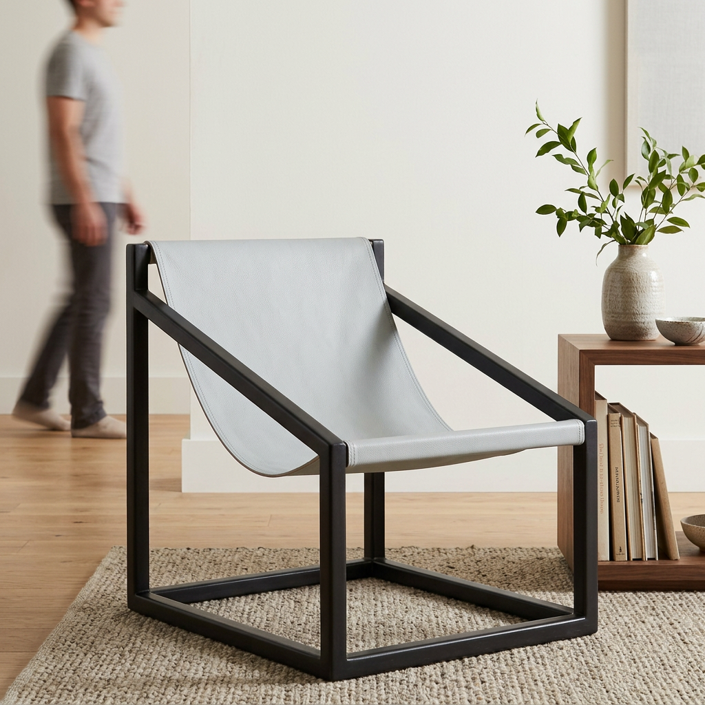 2. Kendari light grey leather sling chair in an ivory living room with a person in the background
