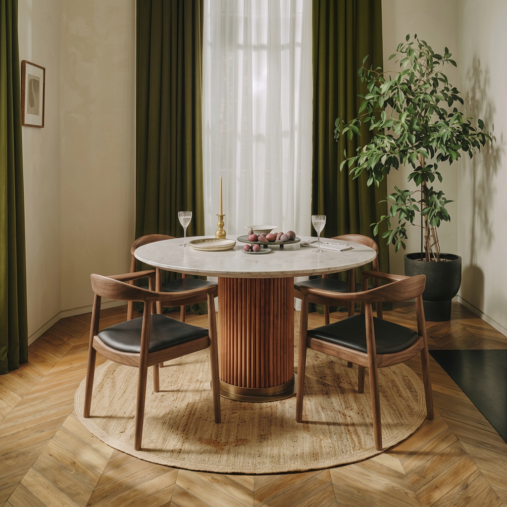 2. Kennedy dark oak dining chairs around a round marble table