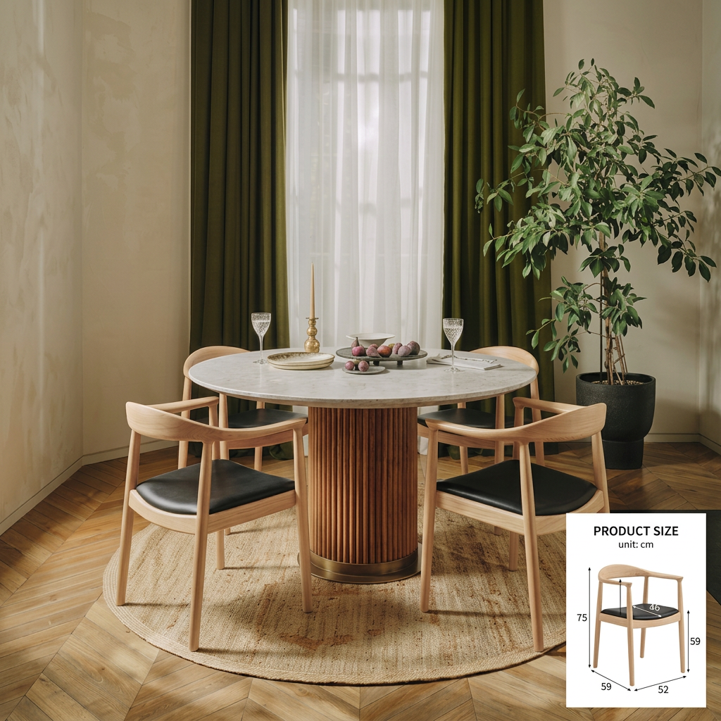 2. Kennedy light oak dining chairs around a round marble table