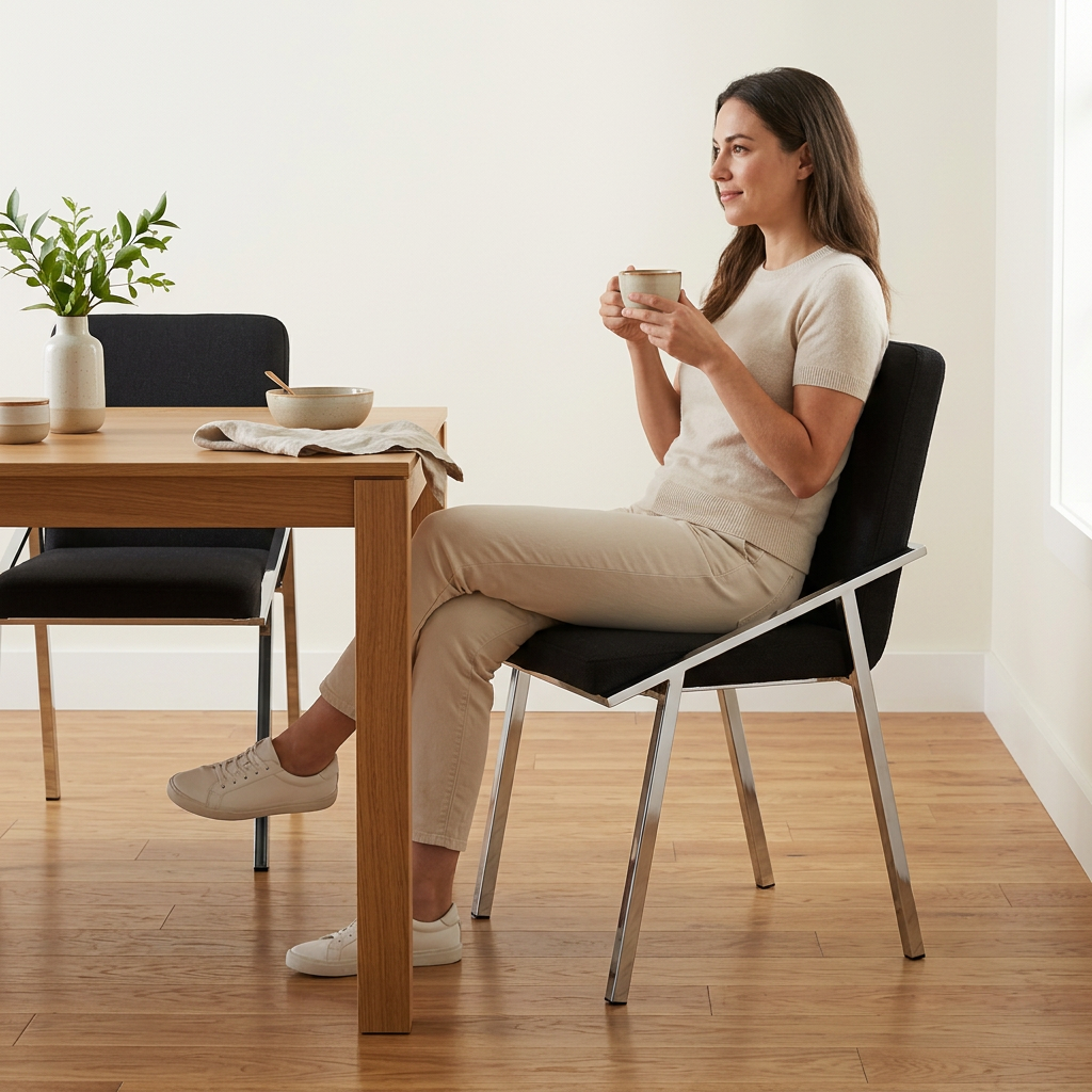 2. Piermount black fabric dining chair with a person seated at an oak table