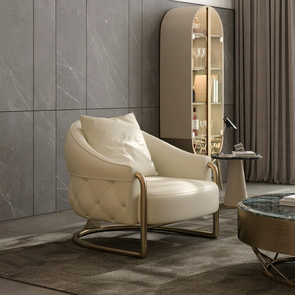 2. Quigley ivory leather lounge chair beside a display cabinet