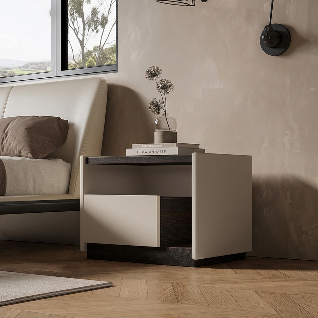 2. Zoe bedside table beside an upholstered bed