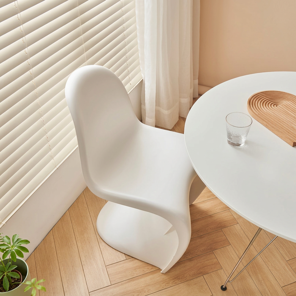 3. Aimee white dining chair viewed from above beside a table