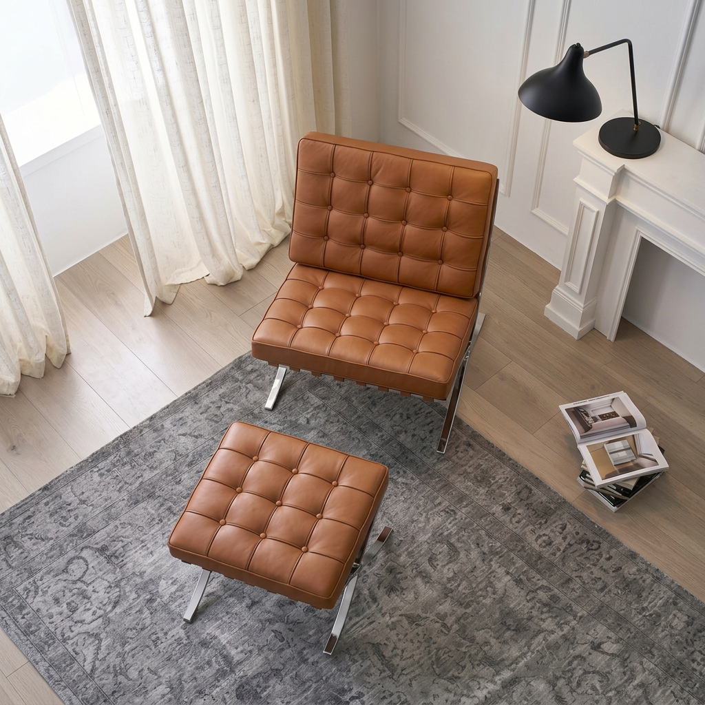 3. Barcelona brown leather chair and footstool viewed from above