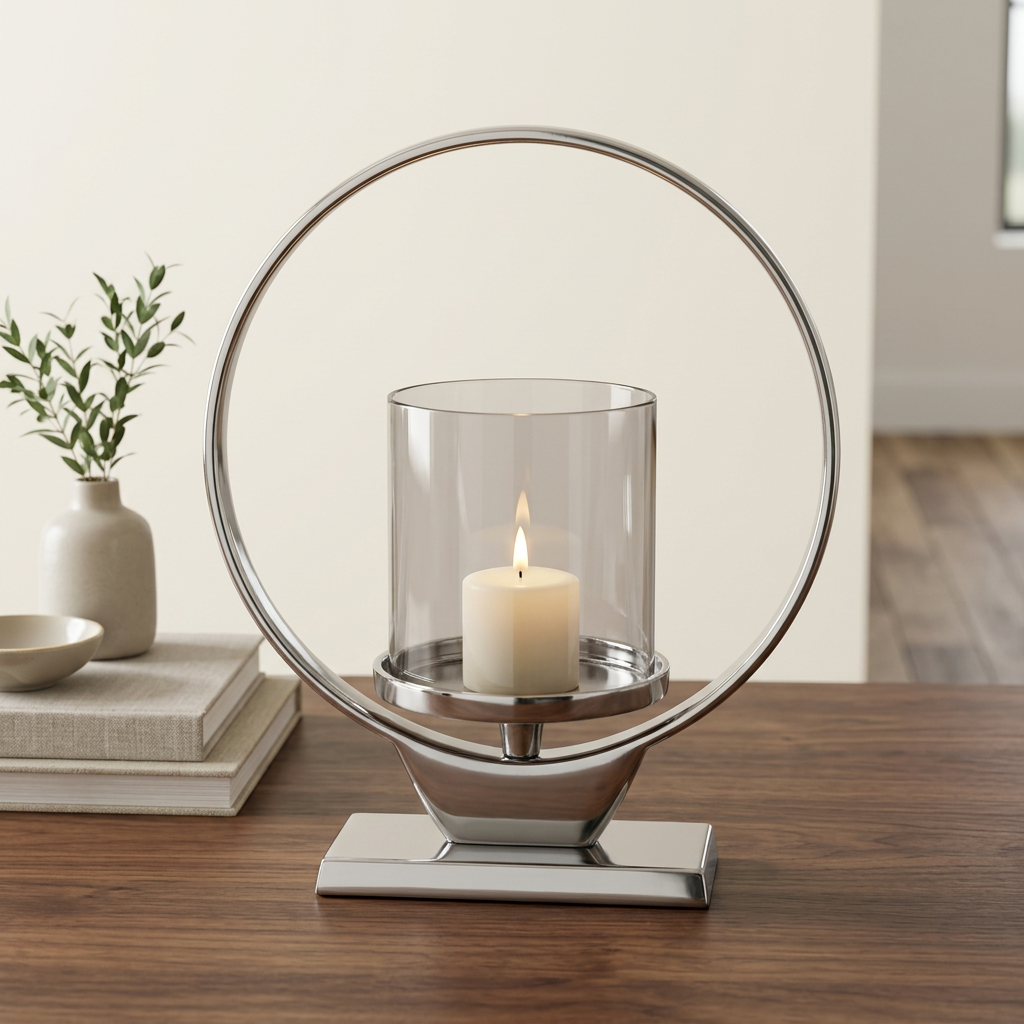 3. Cirqua small silver candle holder with an ivory candle on a walnut table