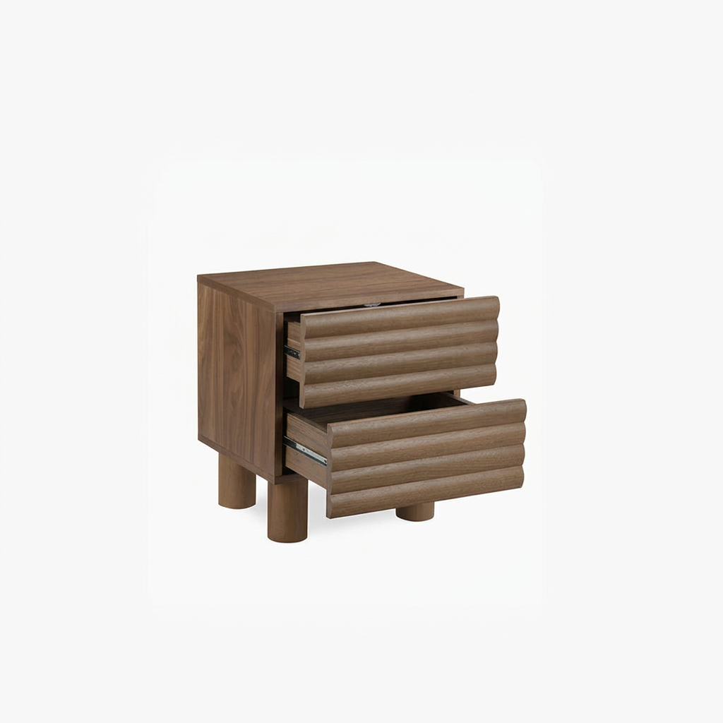 3. Clancy wooden bedside table with open drawers viewed at an angle