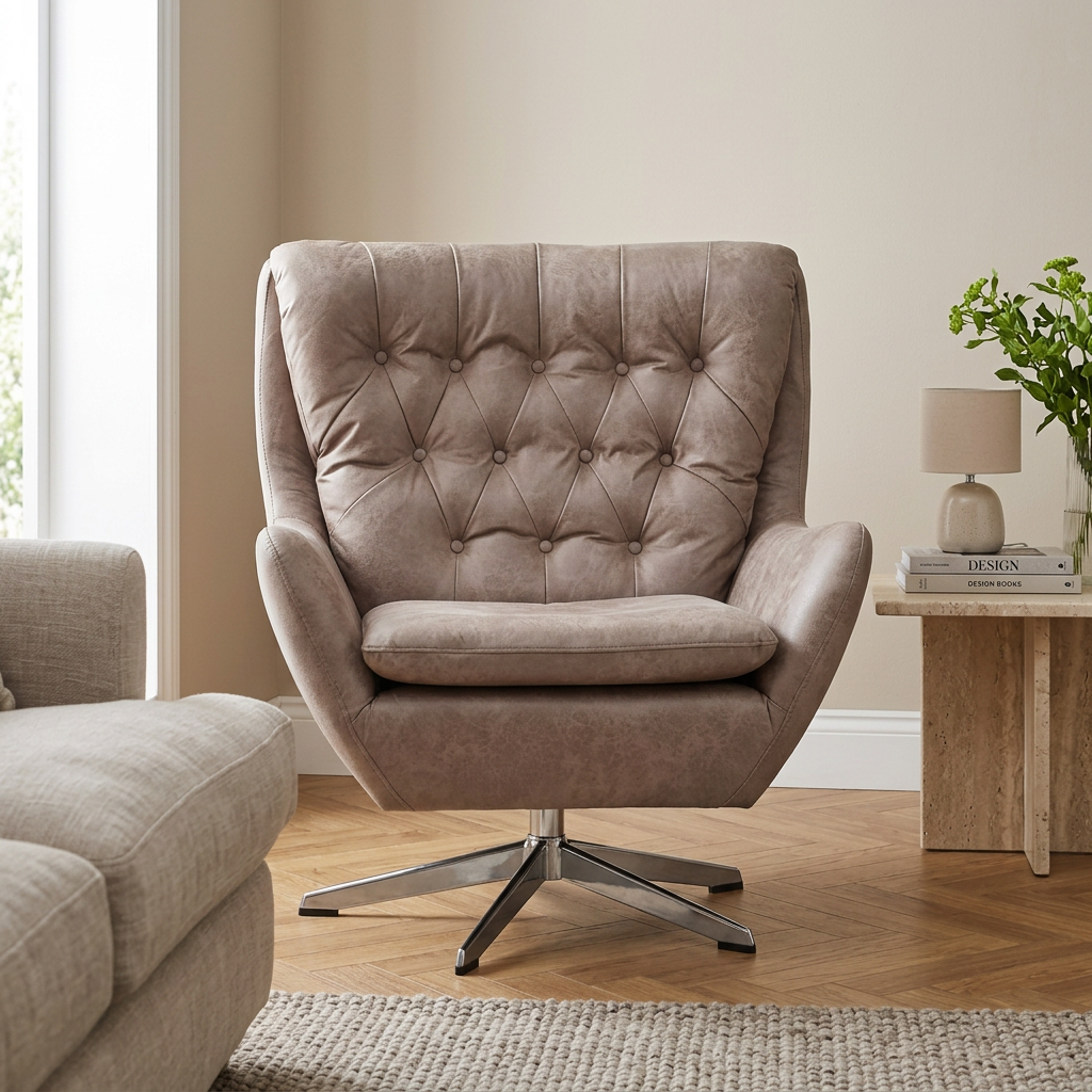3. Harold taupe swivel chair beside a travertine table in a beige living room