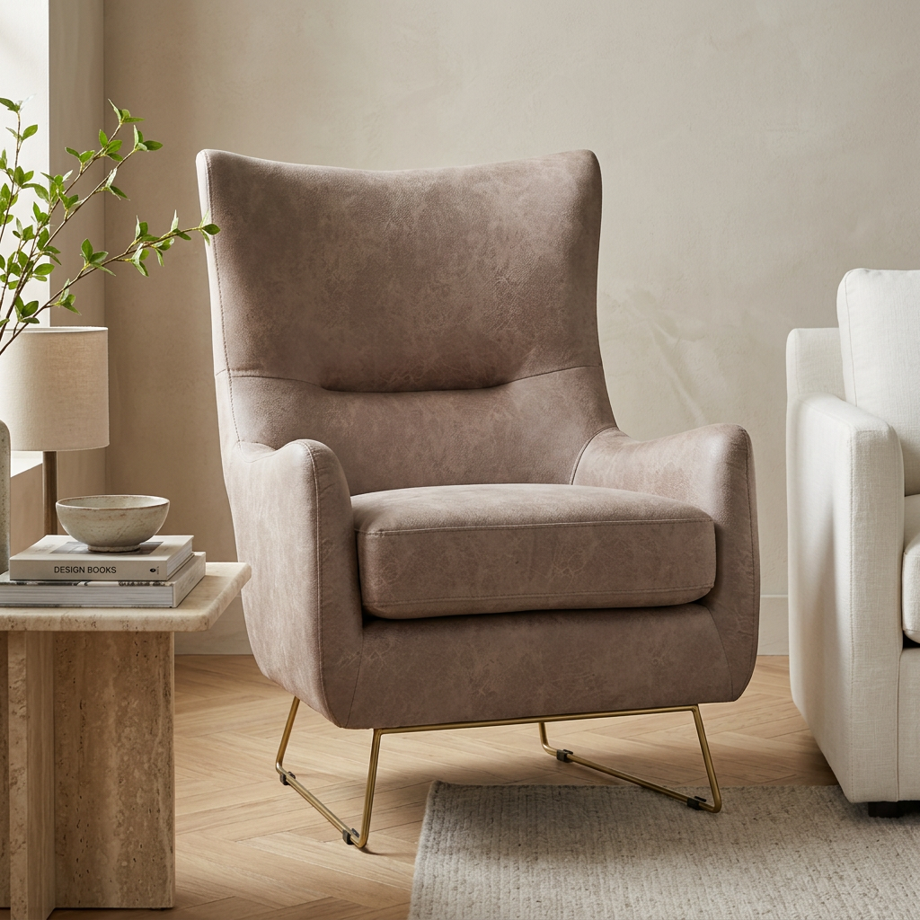 3. Henry light taupe armchair beside a travertine table in a beige living room