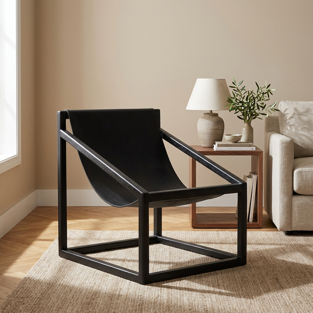 3. Kendari black leather sling chair beside a walnut table in a beige living room