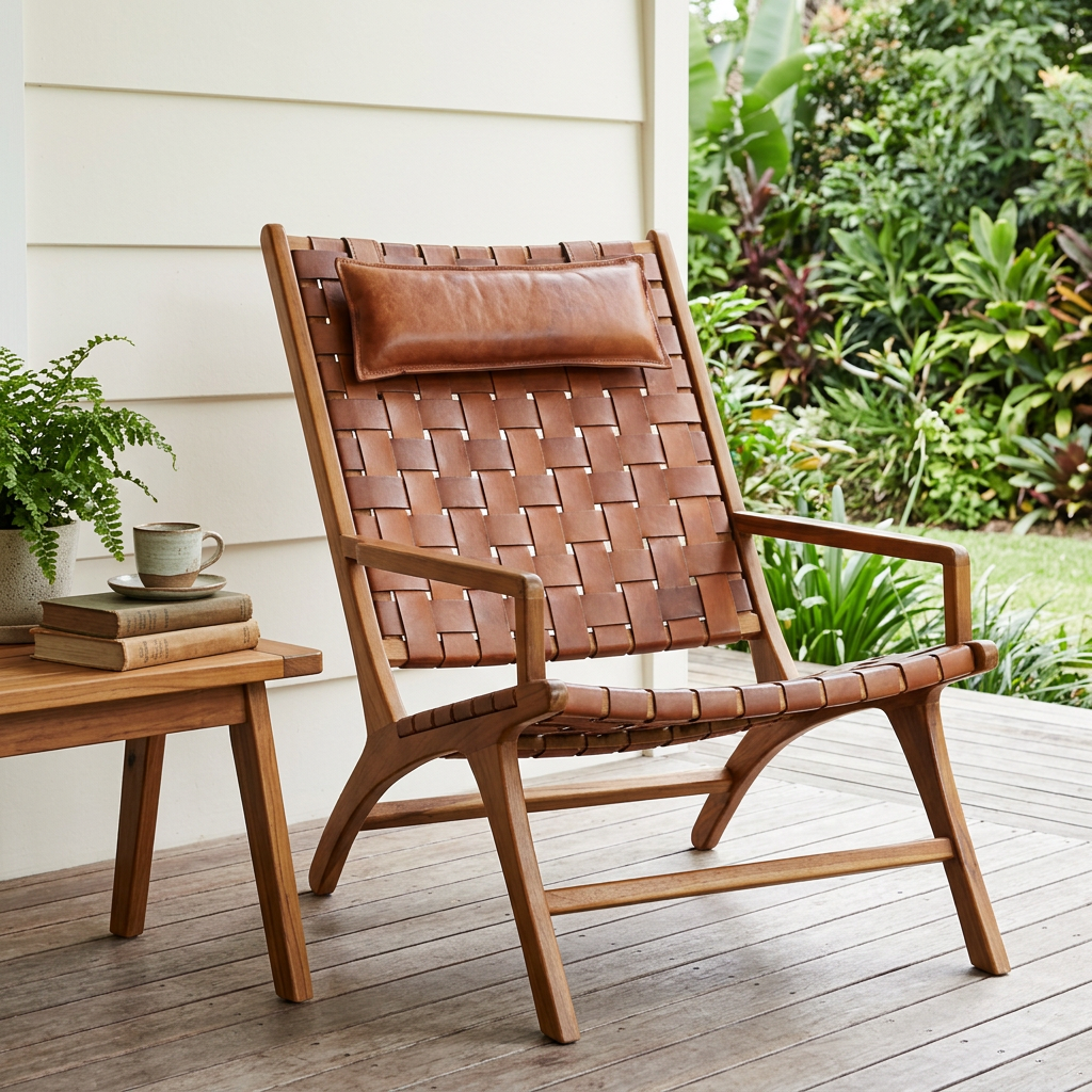 3. Kendari brown woven leather chair on a sheltered garden veranda
