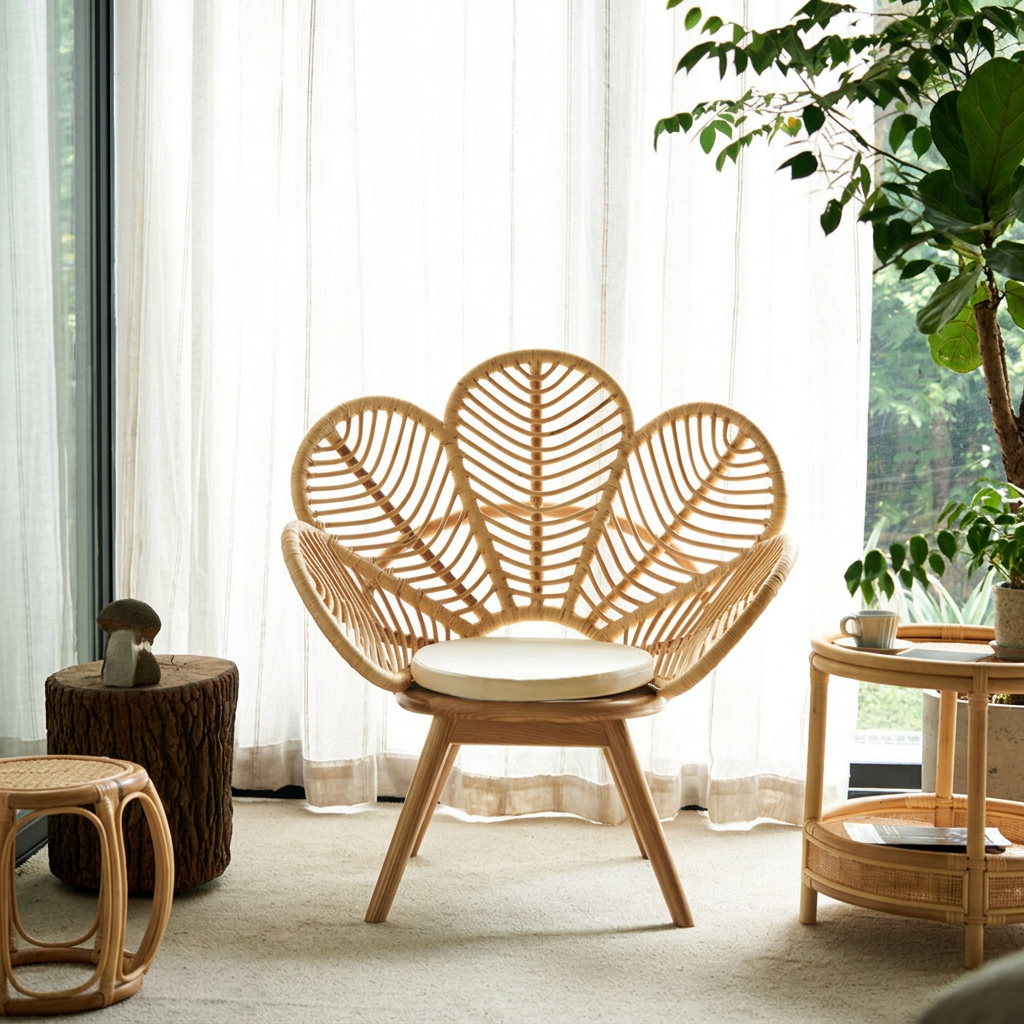 3. Larkin rattan lounge chair beside sheer curtains