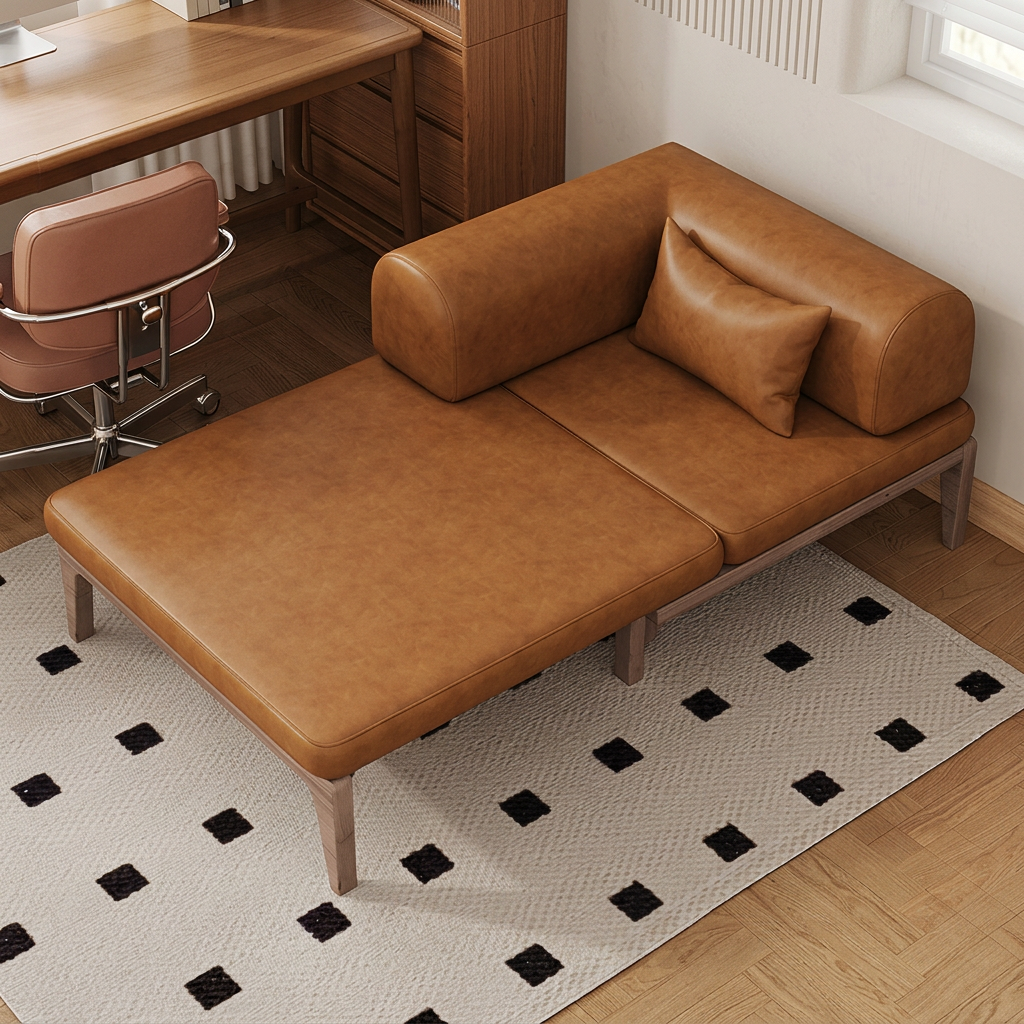 3. Ocampo brown leather sofa bed extended and viewed from above